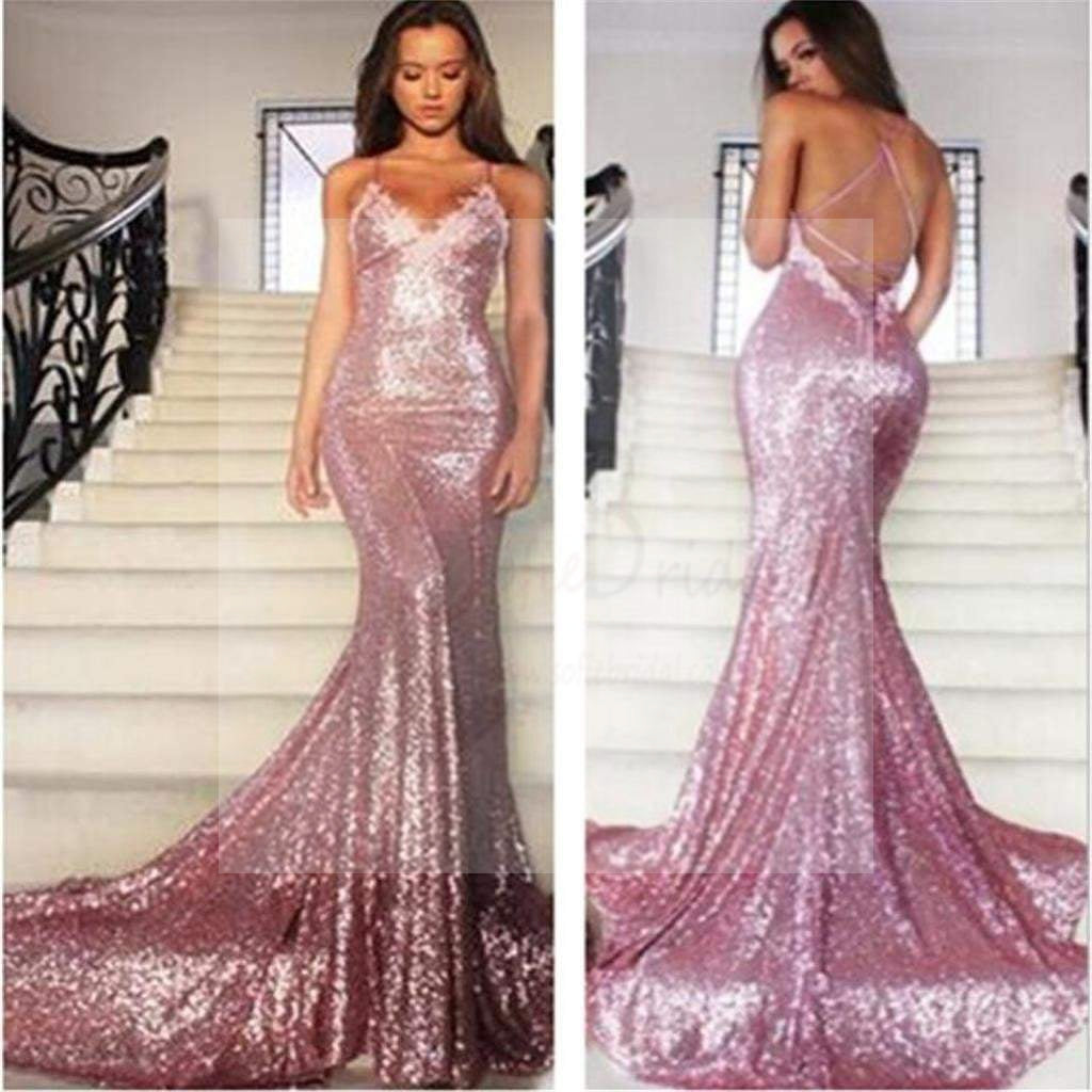 Sexy Pink Sequin Mermaid Prom Dresses, Spaghetti Backless Prom Dresses
