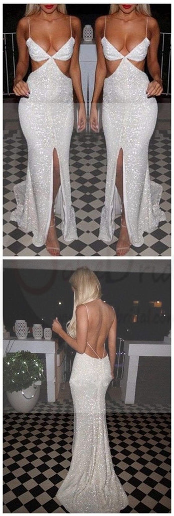Sexy White Sequin Backless Mermaid Prom Dresses, Side Slit Prom Dresses