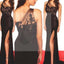 Sexy Black lace Side Slit Mermaid Prom Dresses, Long One Shoulder Prom Dress