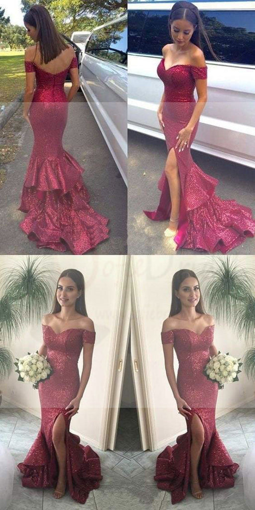 Sexy Red Sequin Mermaid Side Slit Prom Dresses, New Arrival Cheap Prom Dress