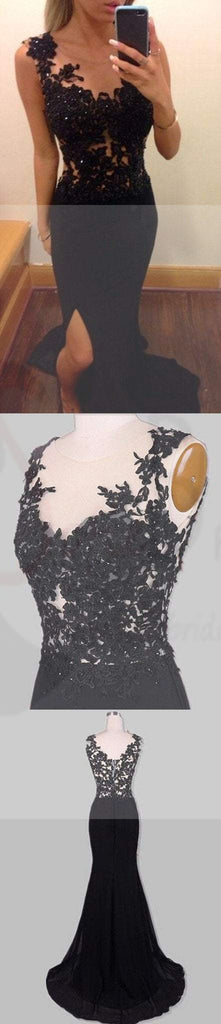 Popular Long Mermaid Sexy Black Lace Beaded Side Slit Jersey Prom Dresses, WD0255