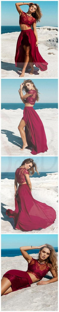 Burgundy Sexy Slit Two-piece Party Long Prom Dresses, PD0091