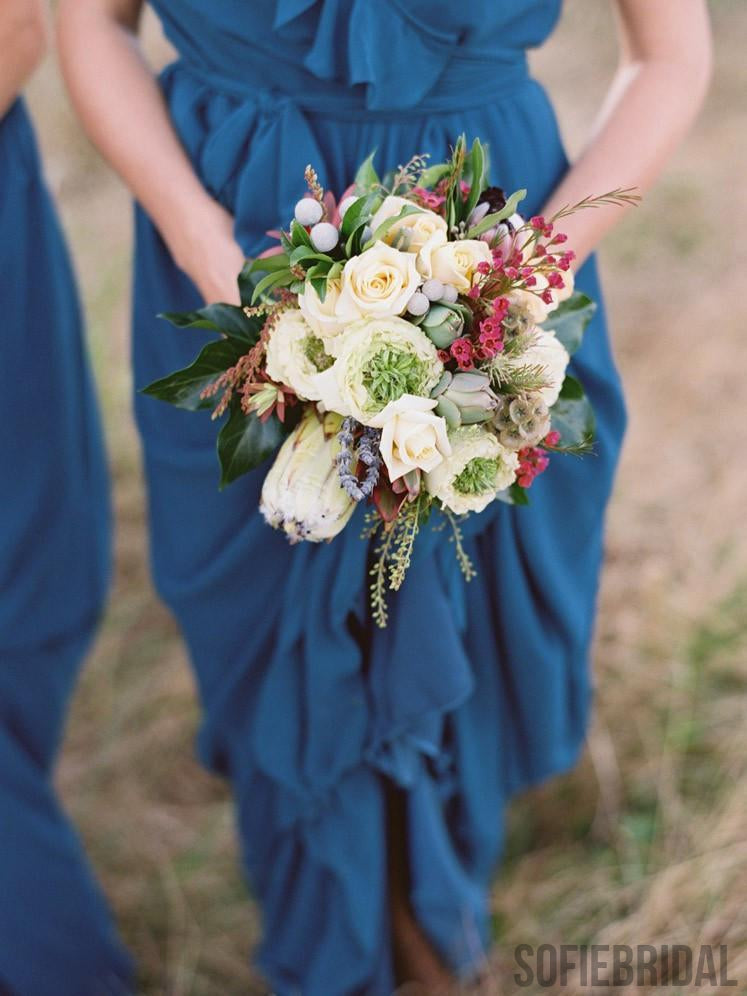 Modest A-line Floor-length V-neck Long Chiffon Bridesmaid Dresses, BD1032