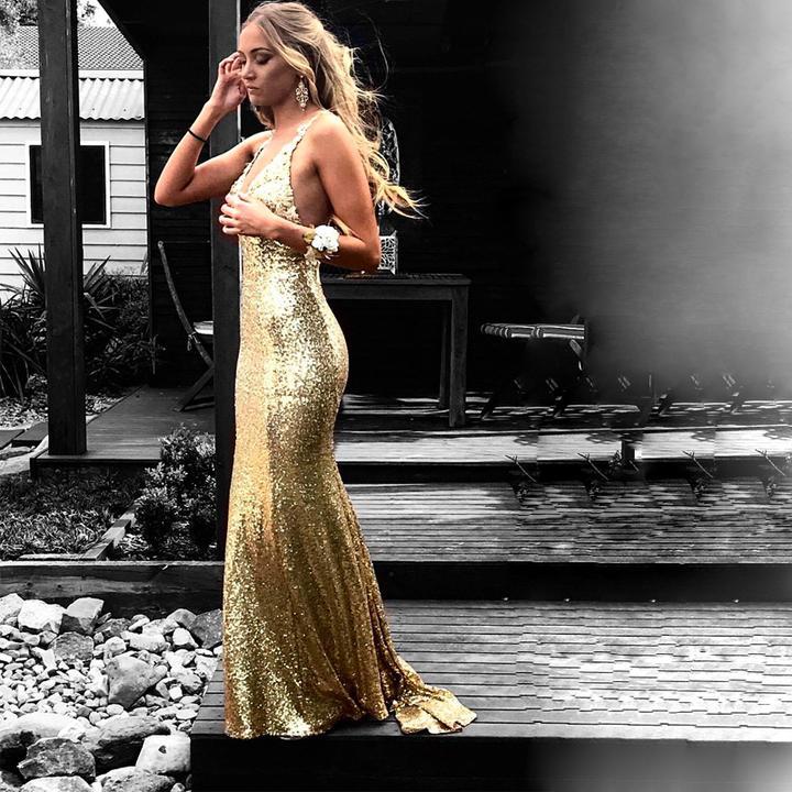 Gold Sequin Mermaid Prom Dresses, Backless Prom Dresses, Simple Prom Dresses, Long Prom Dresses, PD0407