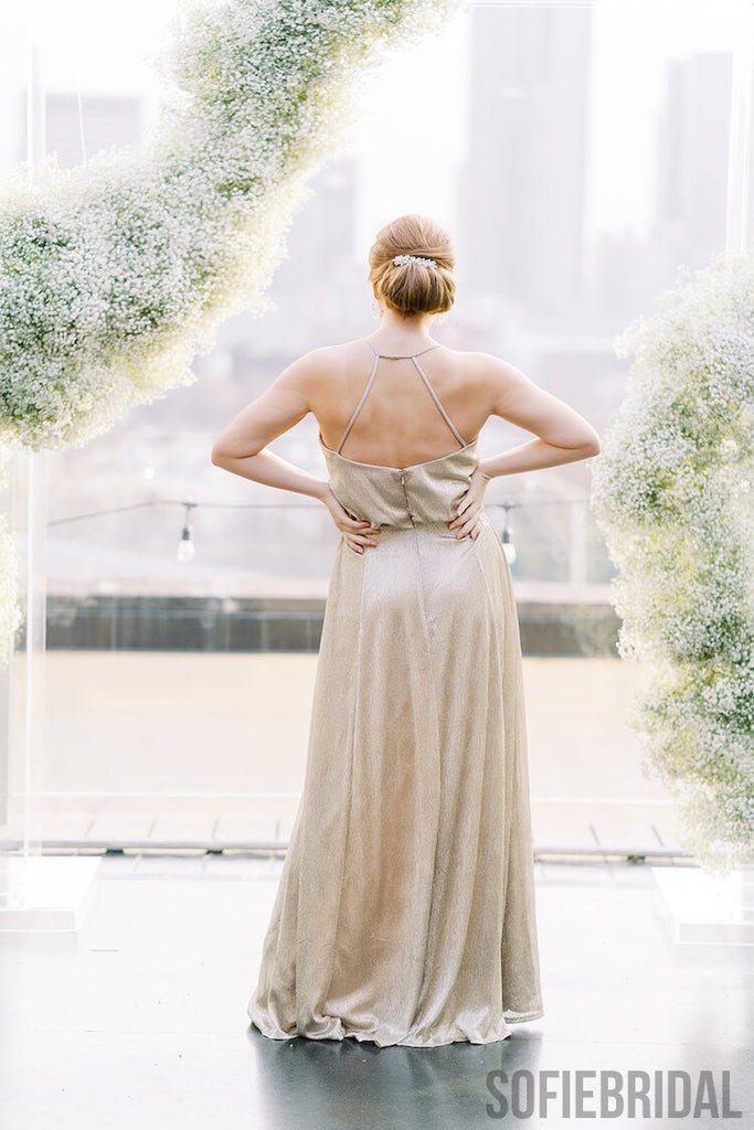 A-line Spaghetti Straps V-neck Backless Long Shiny Bridesmaid Dresses, BD1073