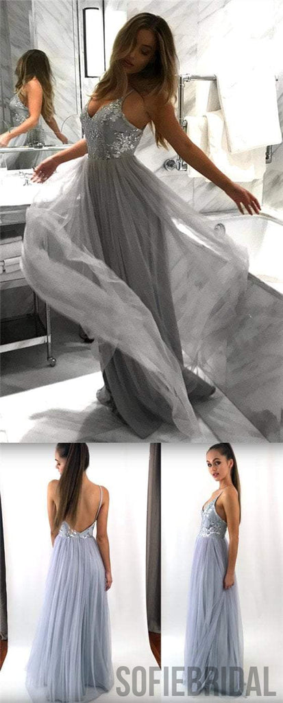 Spaghetti Lace Tulle Long A-line Light Grey Prom Dresses, Backless Prom Dresses ,PD0336