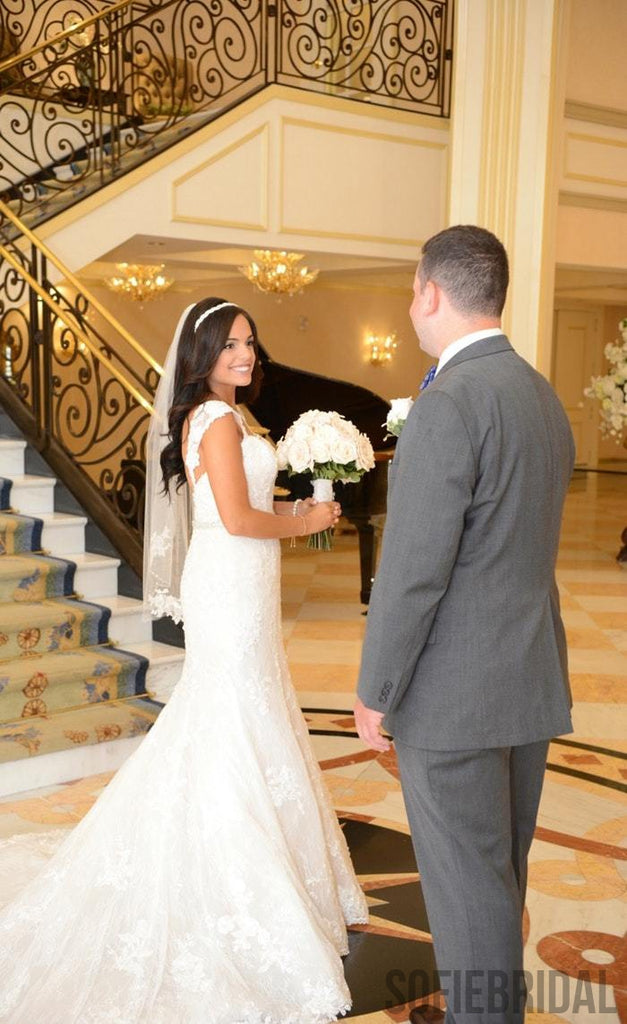 Mermaid Cap Sleeves Backless Beading Lace Wedding Dresses, WD0475