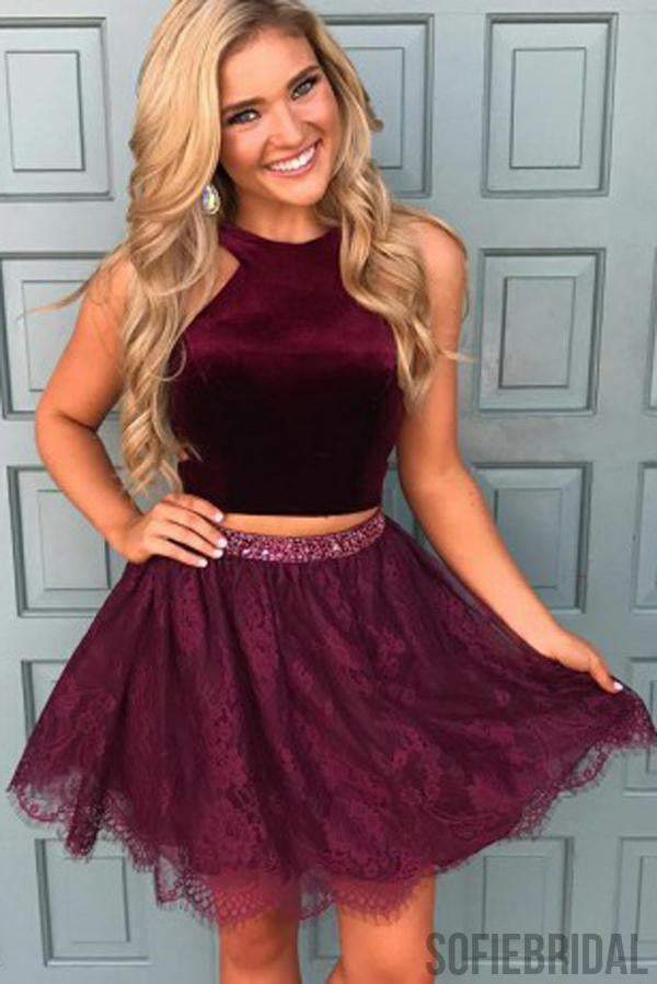 Halter Two Piece Red Lace Cheap Homecoming Dresses 2018, CM413