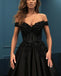 Off Shoulder Long A-line Black Satin Lace Beaded Prom Dresses, PD0977