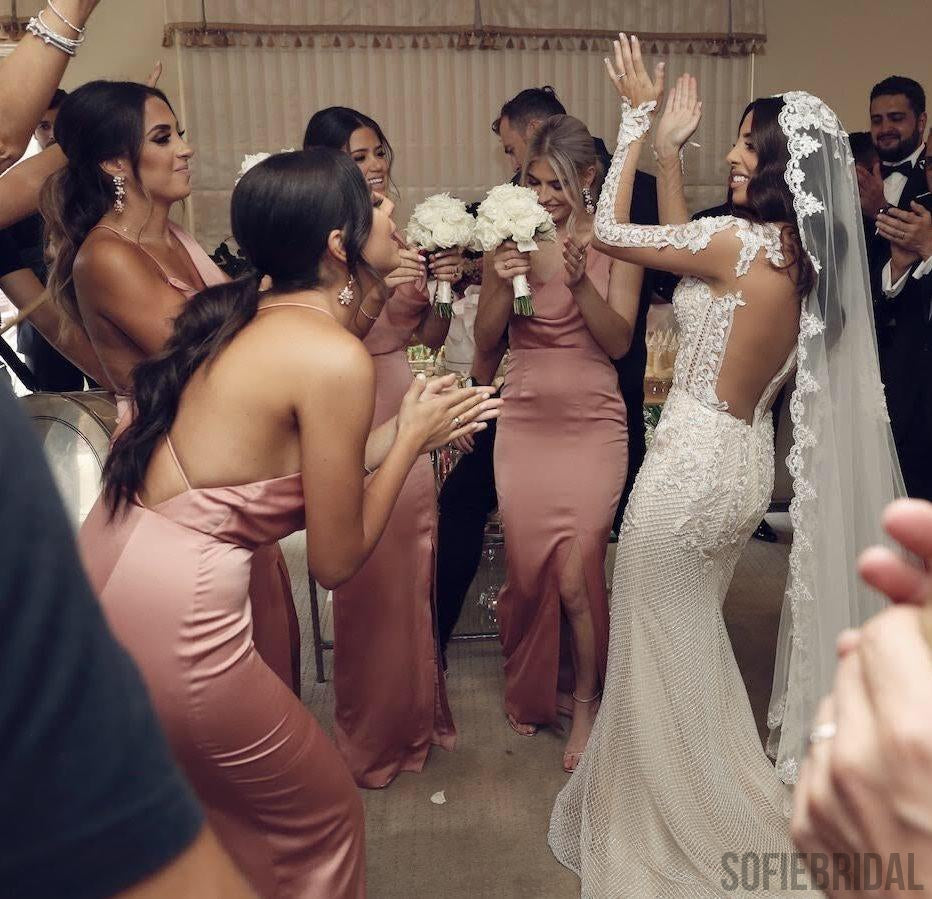 Sexy Mermaid Long Side Slit Dusty Pink Bridesmaid Dresses, PD0968