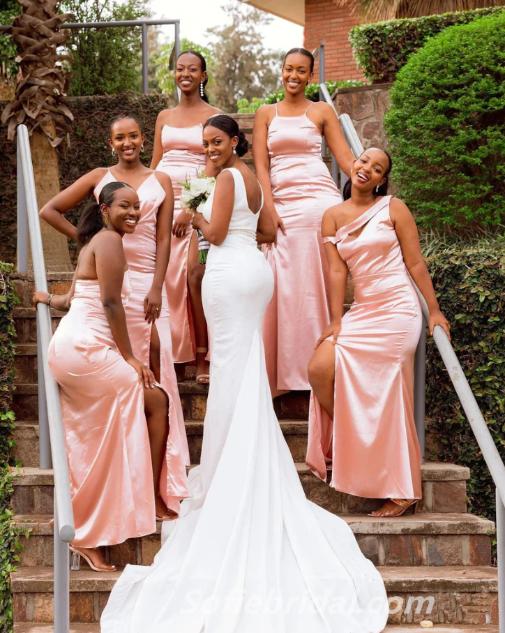 Sexy Mismatched Pink Sleeveless Side Slit Mermaid Floor Length Bridesmaid Dressses, SFWG00451