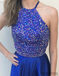 Royal Blue Halter Rhinestone Satin Long Prom Dresses, PD0826