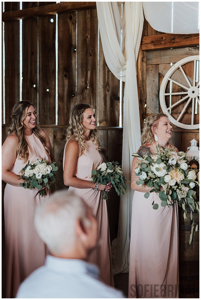 Sheath Halter Sleeveless Pink Chiffon Bridesmaid Dresses With Split, BD1083