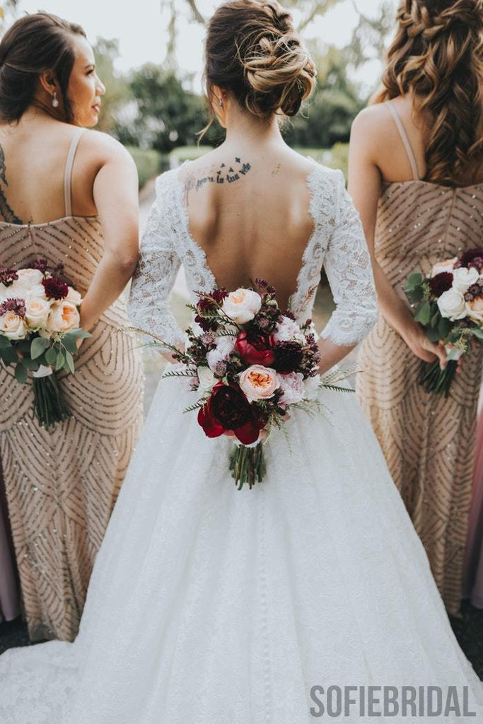 A-line 3/4 Sleeves V-back Full Lace Elegant Wedding Dresses, WD0308