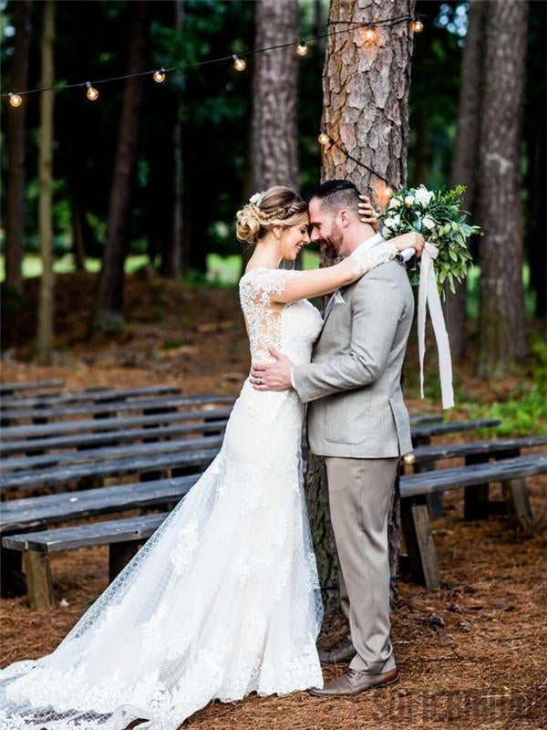 Sheath V-neck Long Sleeves Open-back Lace Wedding Dresses, WD0473