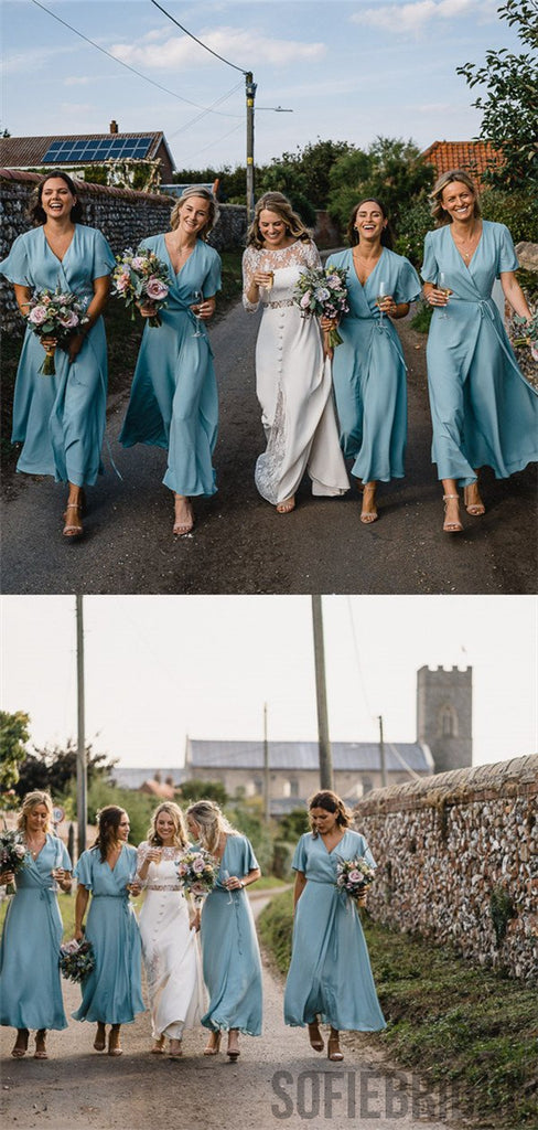 A-line V-neck Short Sleeves Ankle-length Simple Cheap Bridesmaid Dresses, BD1060