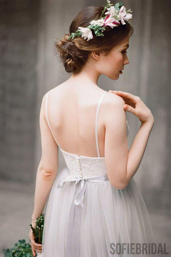 Simple Illusion Spahgetti Straps Tulle A-line Wedding Dresses Online, WD369