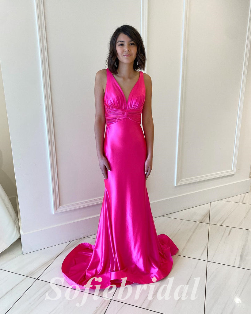 Sexy Elastic Satin Spaghetti Straps V-Neck Sleeveless Mermaid Long Prom Dresses, PD0872