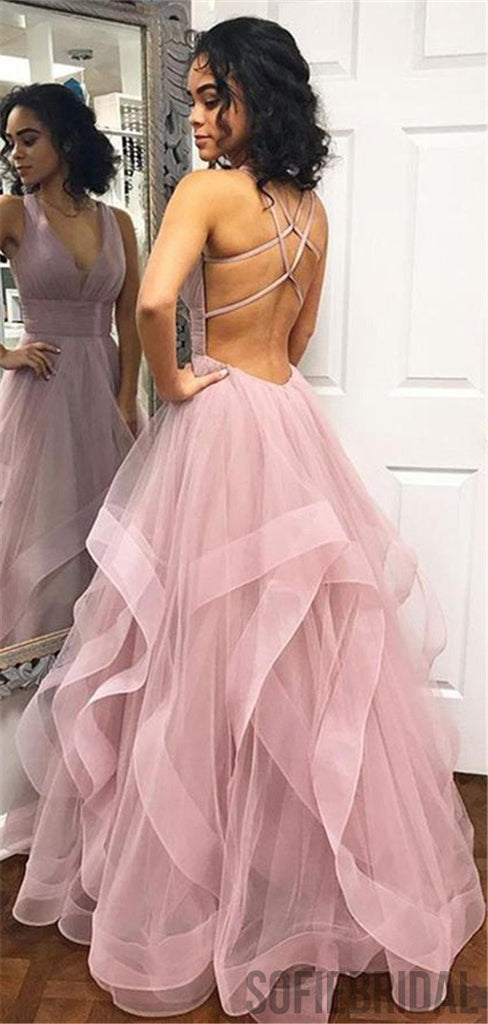 Sexy Deep V Neck Ruffles Pink Organza Long Prom Dress, PD0061