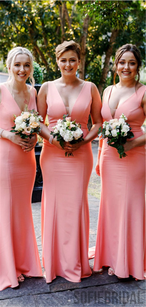 Mermaid Deep V-neck Sleeveless Long Simple Bridesmaid Dresses, BD1063