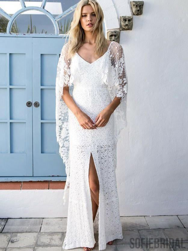 Sheath Half Sleeves Full Lace Backless Wedding Dresses With Split, WD0313