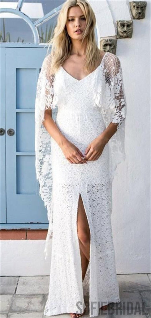 Sheath Half Sleeves Full Lace Backless Wedding Dresses With Split, WD0313