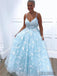A-line Floor-length Spaghetti Straps V-neck Appliques Long Prom Dresses, PD0108