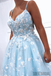 A-line Floor-length Spaghetti Straps V-neck Appliques Long Prom Dresses, PD0108