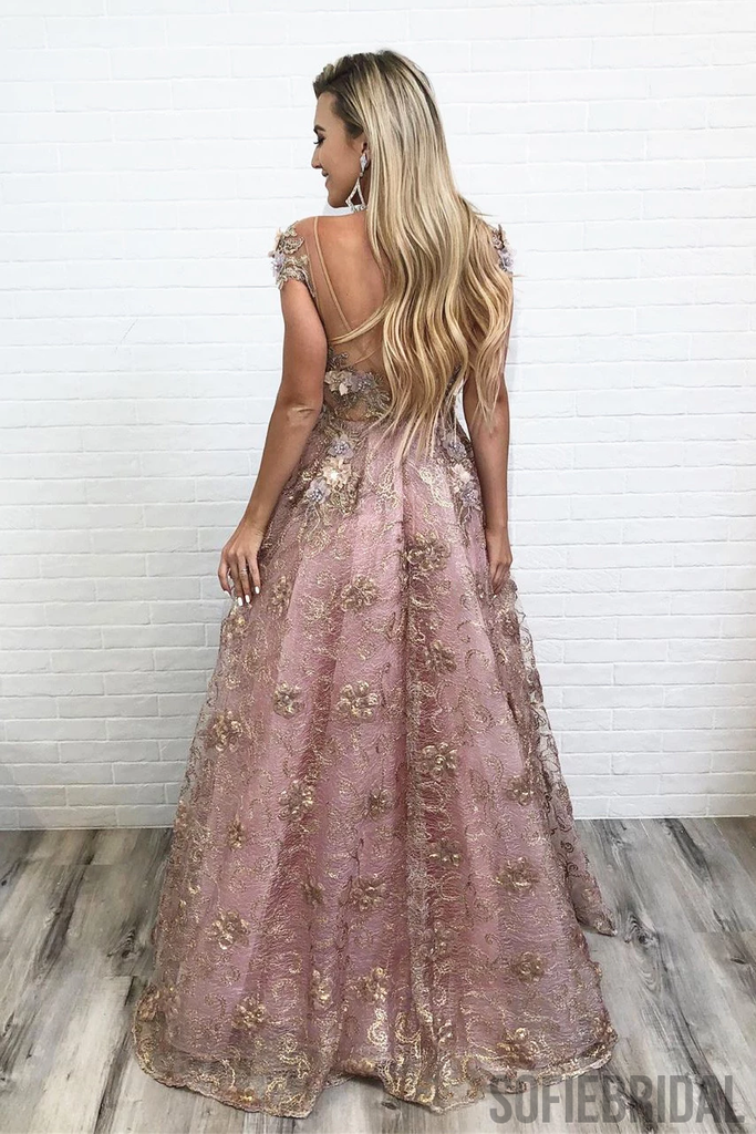 A-line Floor-length Cap Sleeves Appliques And Beading Long Prom Dresses, PD0123