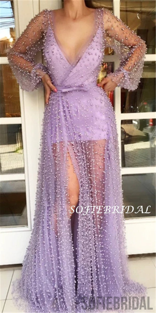 Sheath V-neck Long Sleeves All Beadings See-though Long Tulle Prom Dresses, PD0125