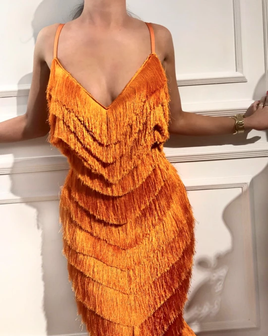 Sheath V-neck Spaghetti Straps Tassel Long Cheap Prom Dresses, PD0126