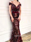 Mermaid Off-shoulder V-neck Long Sequins Prom Dresses With Belt, PD0127