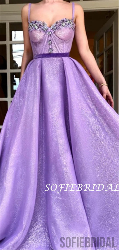 A-line Spaghetti Straps Sweetheart Appliques Long Prom Dresses, PD0128