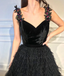 A-line V-neck Appliques Strpas Long Black Tulle Prom Dresses, PD0130
