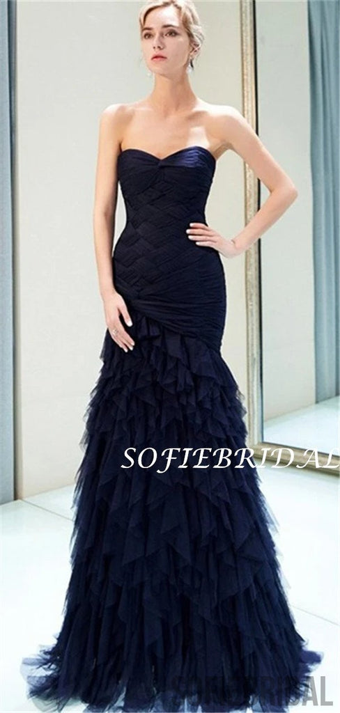 Mermaid Strapless Navy Blue Tulle Lace-up Back Prom Dresses With Pleats, PD1002