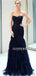 Mermaid Strapless Navy Blue Tulle Lace-up Back Prom Dresses With Pleats, PD1002