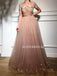 A-line Beteau Neck Half Sleeves Beading And Appliques Prom Dresses, PD1019