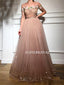 A-line Beteau Neck Half Sleeves Beading And Appliques Prom Dresses, PD1019