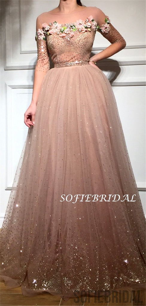 A-line Beteau Neck Half Sleeves Beading And Appliques Prom Dresses, PD1019