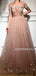 A-line Beteau Neck Half Sleeves Beading And Appliques Prom Dresses, PD1019