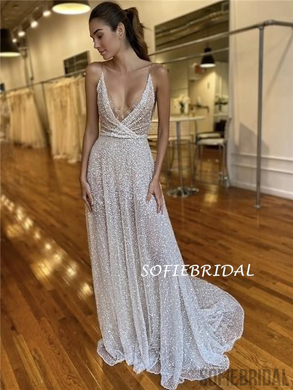 A-line Spaghetti Straps V-neck Sexy Long Prom Dresses, PD1026
