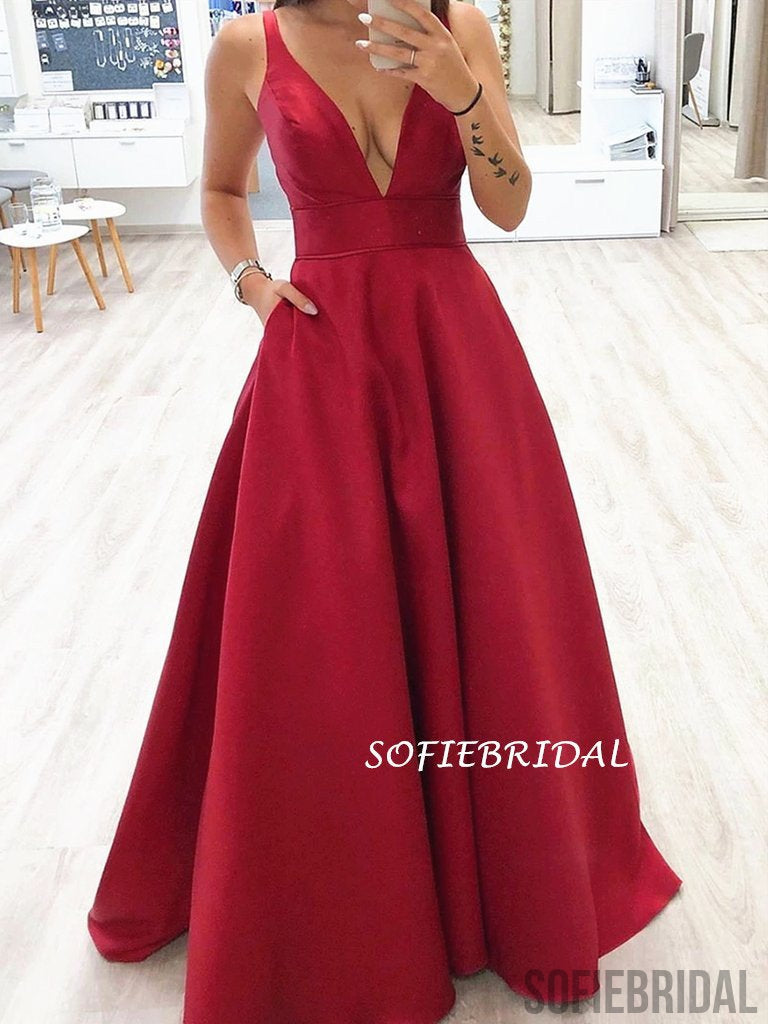 A-line Deep V-neck Sleeveless Long Red Satin Prom Dresses, PD1031