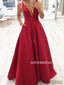A-line Deep V-neck Sleeveless Long Red Satin Prom Dresses, PD1031