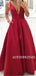 A-line Deep V-neck Sleeveless Long Red Satin Prom Dresses, PD1031
