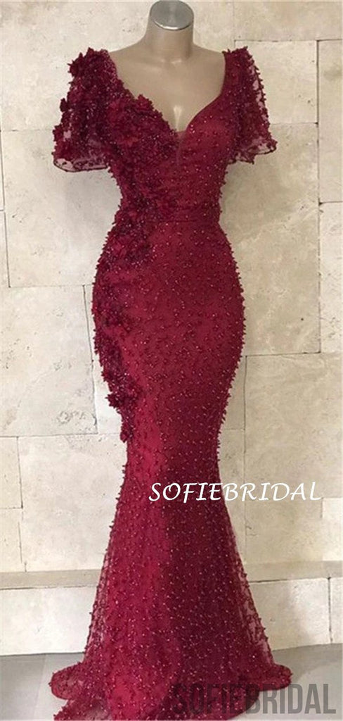 Mermaid V-neck Short Sleeves Beading And Appliques Burgundy Prom Dress, PD1033