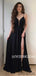 A-line Spaghetti Straps Deep V-neck Black Prom Dress With Split, PD1034