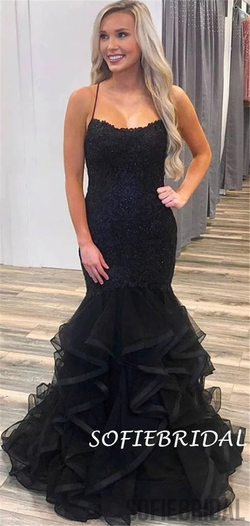 Mermaid Spaghetti Straps Bateau Neck Lace Long Tulle Prom Dress, PD1037