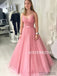 Shiny A-line Spaghetti Straps V-neck Long Tulle Prom Dresses With Pleats, PD1038