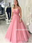 Shiny A-line Spaghetti Straps V-neck Long Tulle Prom Dresses With Pleats, PD1038