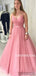 Shiny A-line Spaghetti Straps V-neck Long Tulle Prom Dresses With Pleats, PD1038